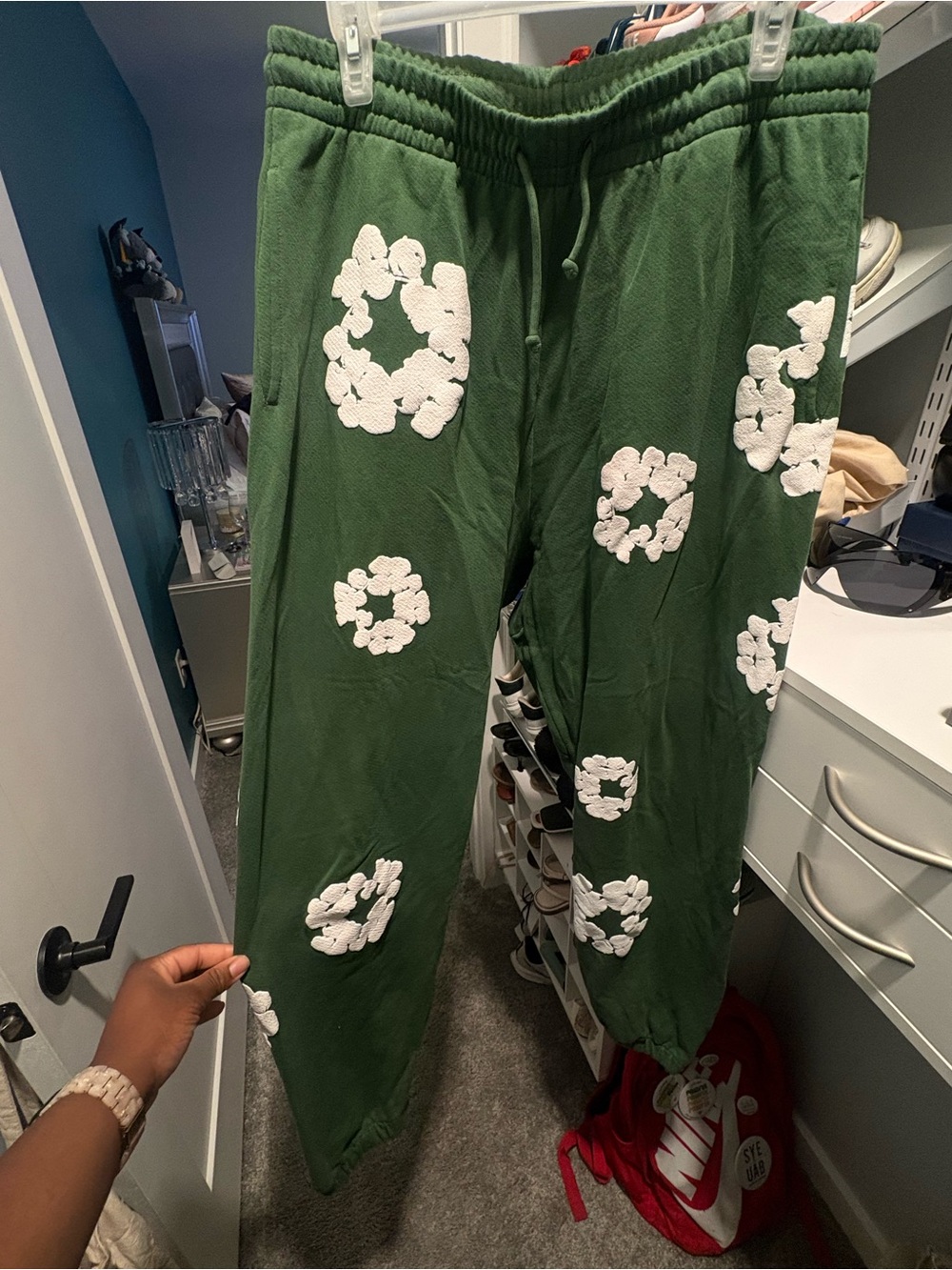 Green Floral denim tears Sweatpants with Drawstring Waist
